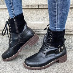 Lace - up Boots Winter Buckle Cowboy Boots Women Low Heel Shoes Black