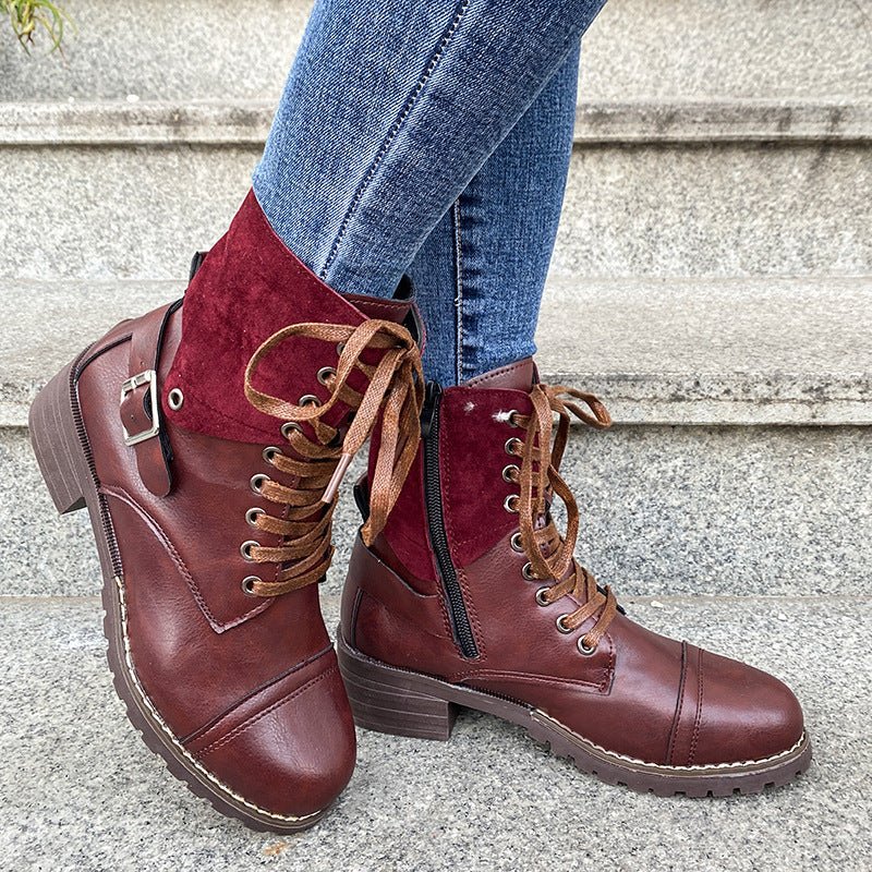 Lace - up Boots Winter Buckle Cowboy Boots Women Low Heel Shoes Wine red