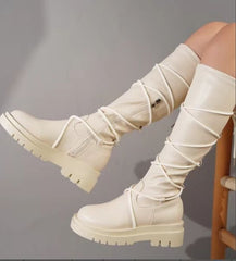 Lace - Up Platform Boots White Long Cowboy Boots Women Grey