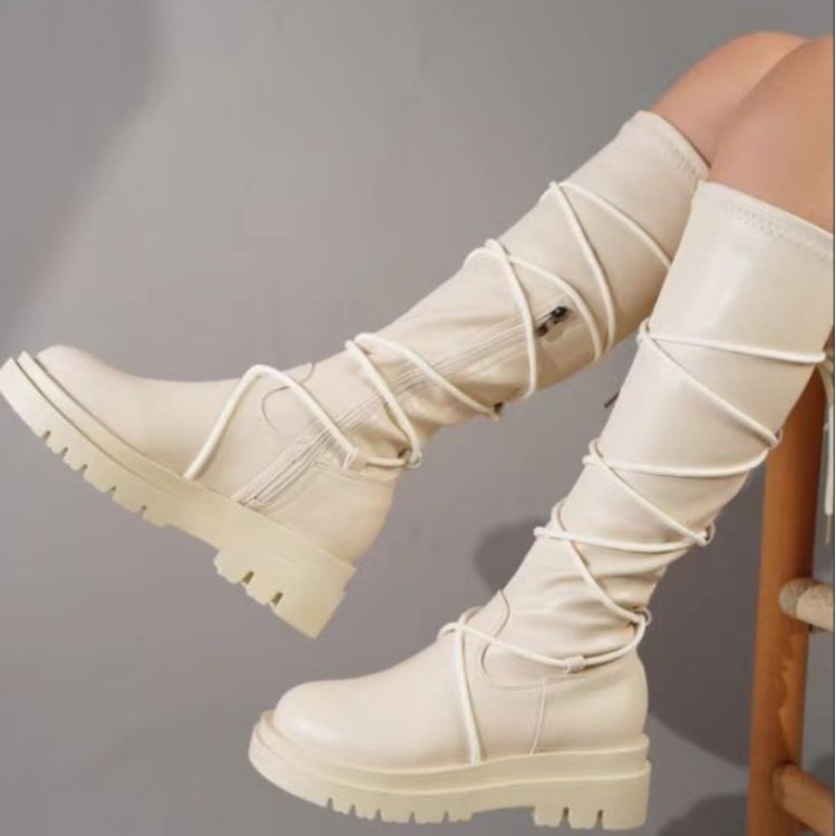 Lace - Up Platform Boots White Long Cowboy Boots Women White
