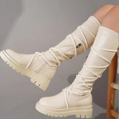 Lace - Up Platform Boots White Long Cowboy Boots Women White