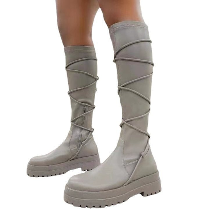 Lace - Up Platform Boots White Long Cowboy Boots Women Grey
