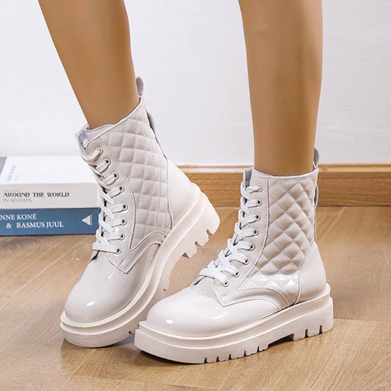 Lace - up Thick - heeled Minimalist Motorcycle Shoes Beige