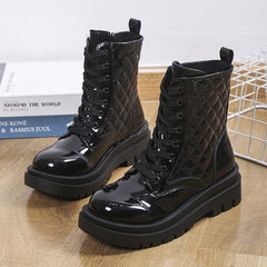 Lace - up Thick - heeled Minimalist Motorcycle Shoes Beige