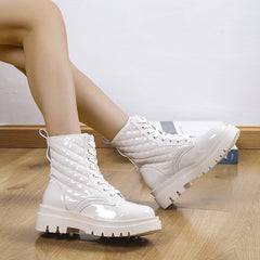Lace - up Thick - heeled Minimalist Motorcycle Shoes Beige