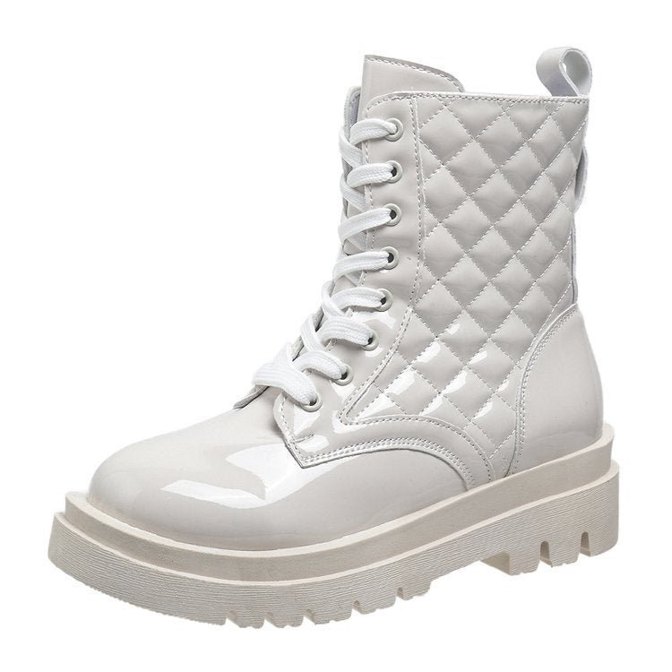 Lace - up Thick - heeled Minimalist Motorcycle Shoes Beige