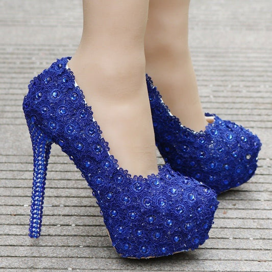 Lace Wedding Shoes Rhinestone Blue Lace Shoes Blue 14 Heel Height