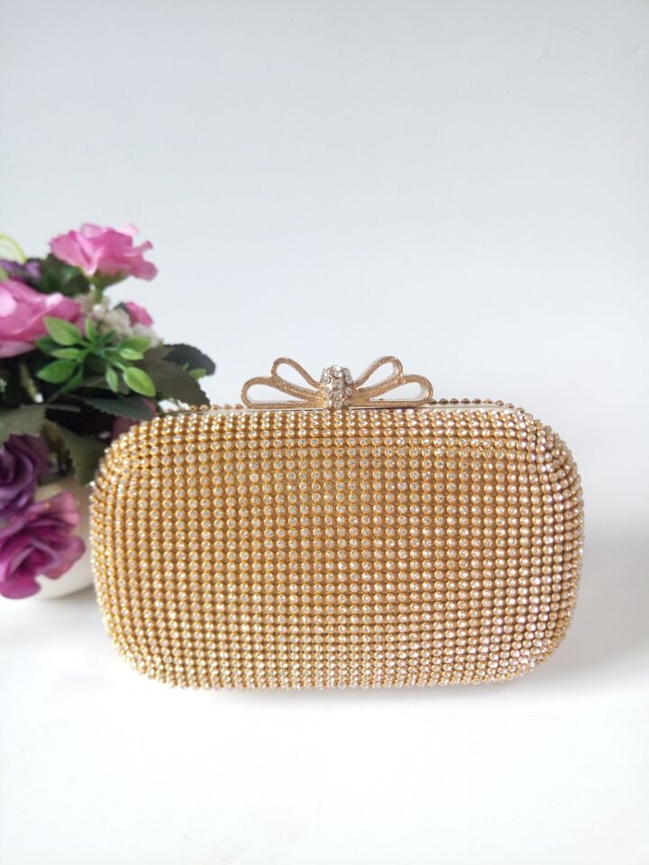 Ladies Diamond Chain Banquet Clutch Evening Rhinestone Bag Gold