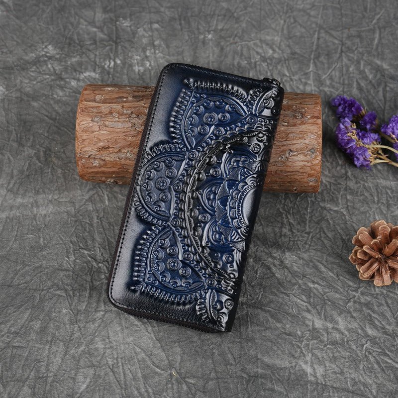 Ladies Leather Embossed Long Clutch Wallet Blue