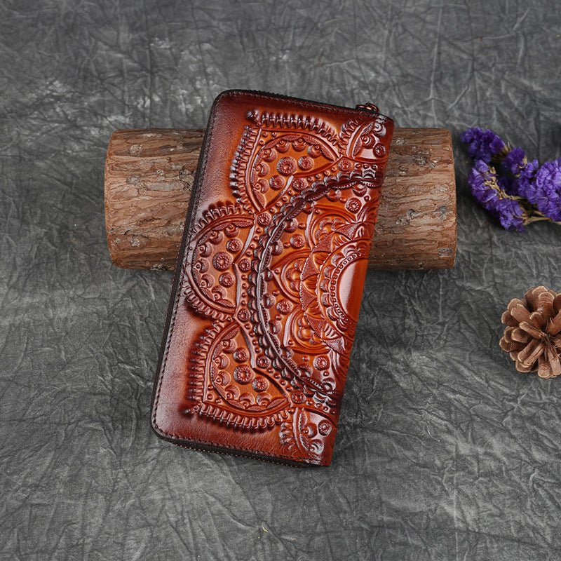 Ladies Leather Embossed Long Clutch Wallet Light Brown