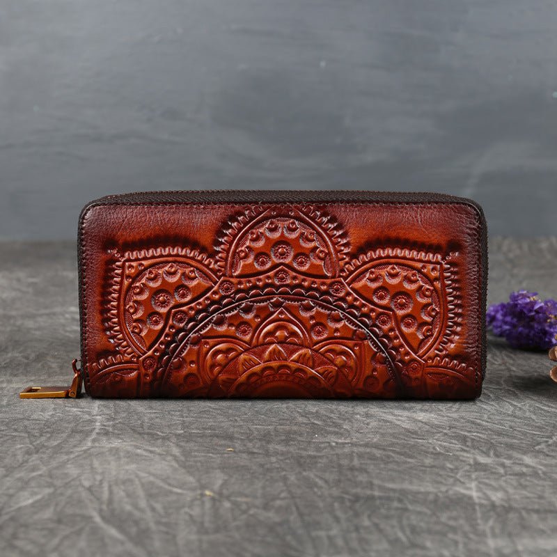 Ladies Leather Embossed Long Clutch Wallet Light Brown