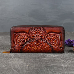 Ladies Leather Embossed Long Clutch Wallet Light Brown