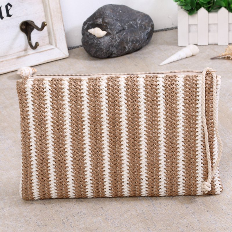 Ladies Striped Straw Clutch Bag Brown