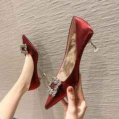 Ladies Style Satin Women's High - heeled Shoes Plus velvet wine red