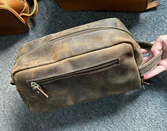Large Capacity Crazy Horse Leather Wash Bag Handbag 9533khaki