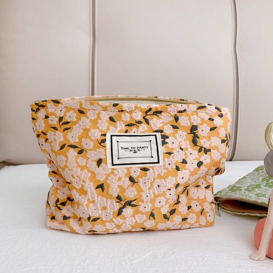 Large Capacity Jacquard Fabric Cosmetic Bag Orange Small Flower