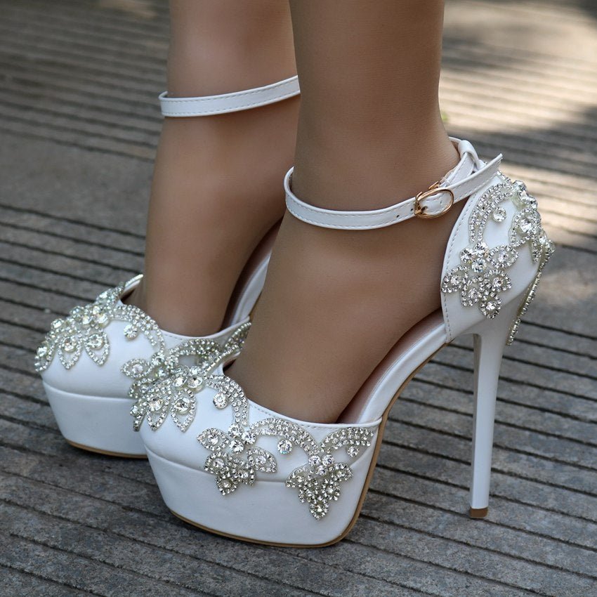 Large size white rhinestone wedding shoes single shoes for women 34