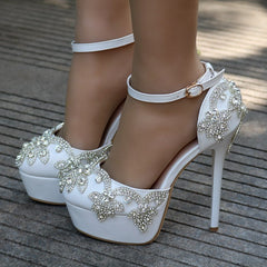 Large size white rhinestone wedding shoes single shoes for women 34