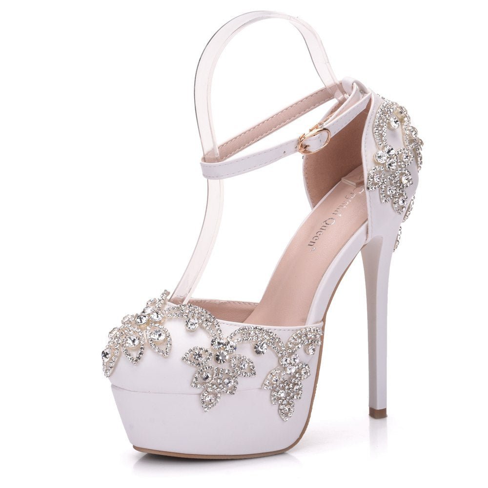 Large size white rhinestone wedding shoes single shoes for women 34