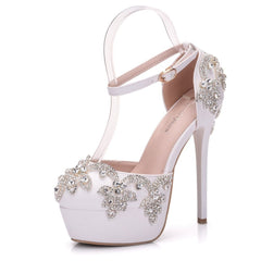 Large size white rhinestone wedding shoes single shoes for women 34