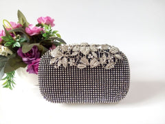Leaf - shaped Flowers Diamond Dinner Clutch Black