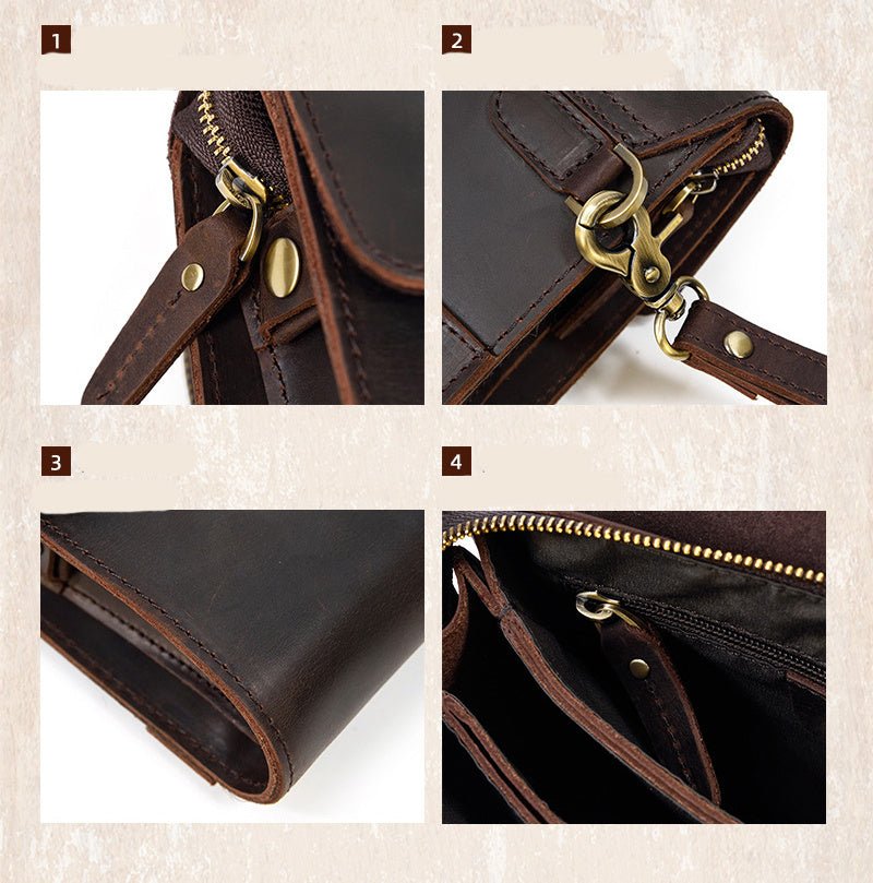 Leather Clutch Retro Men's Clutch Crazy Horse Leather Multifunction Wallet Brown