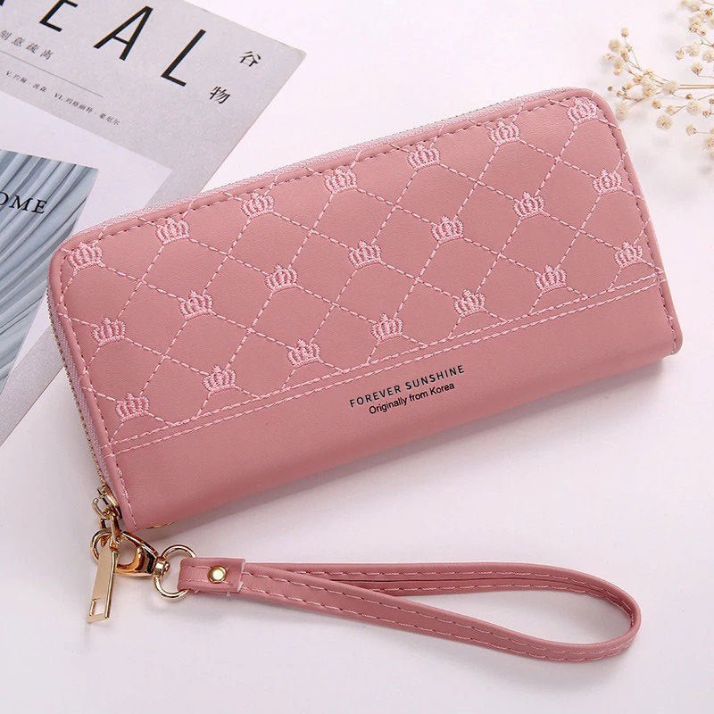 Long Crown Embroidery Thread Single Zip Clutch Wallet Women Light Pink