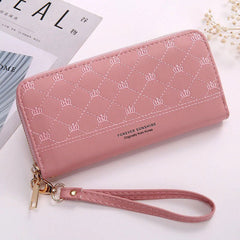 Long Crown Embroidery Thread Single Zip Clutch Wallet Women Light Pink