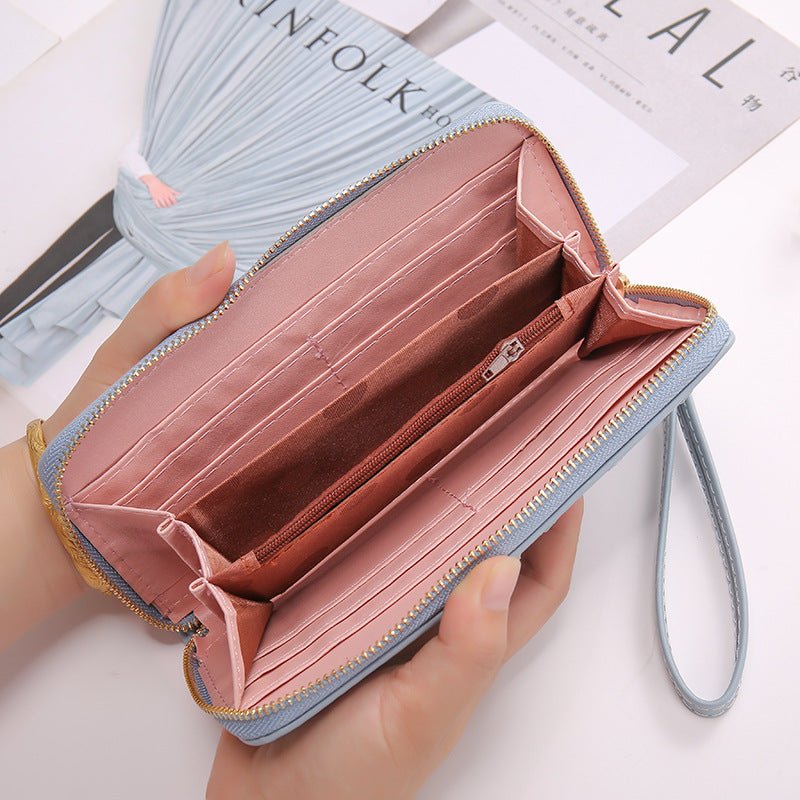 Long Crown Embroidery Thread Single Zip Clutch Wallet Women Cameo Brown