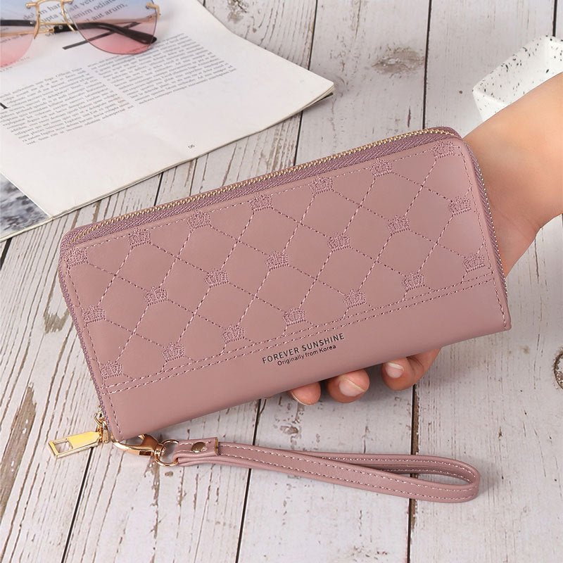 Long Crown Embroidery Thread Single Zip Clutch Wallet Women Cameo Brown