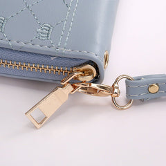 Long Crown Embroidery Thread Single Zip Clutch Wallet Women Cameo Brown
