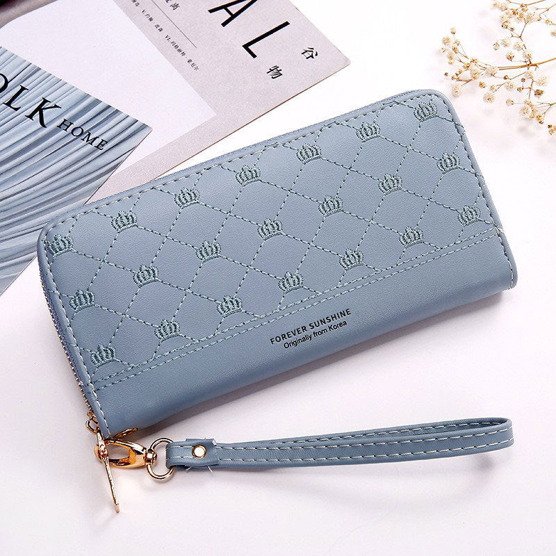 Long Crown Embroidery Thread Single Zip Clutch Wallet Women Blue
