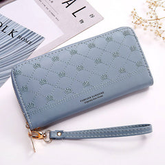 Long Crown Embroidery Thread Single Zip Clutch Wallet Women Blue