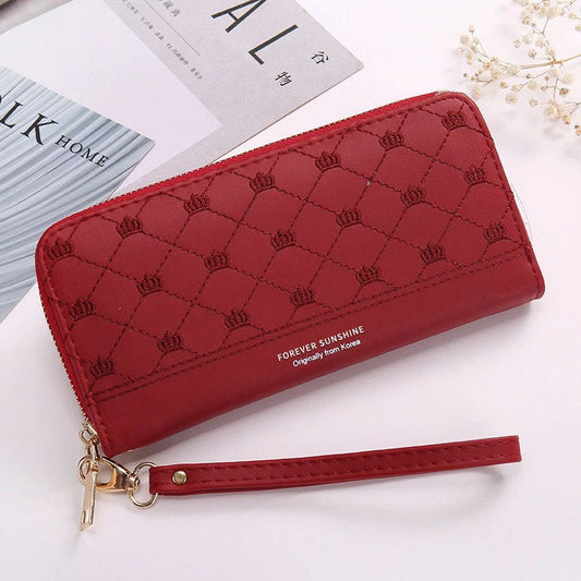 Long Crown Embroidery Thread Single Zip Clutch Wallet Women Red