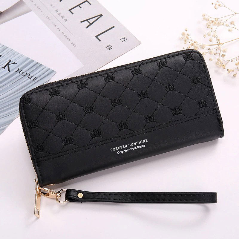Long Crown Embroidery Thread Single Zip Clutch Wallet Women Black