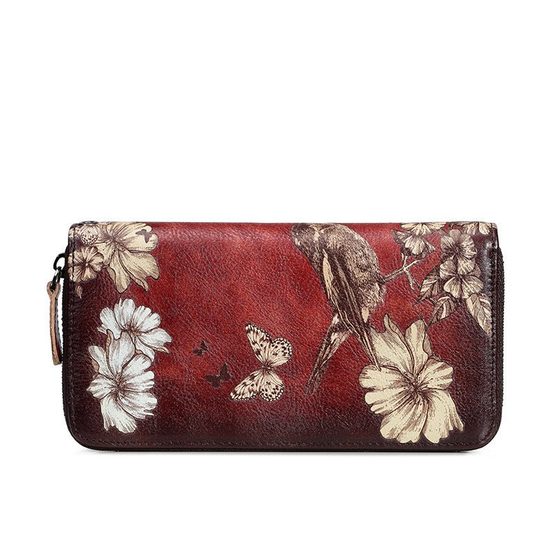 Long Handmade Leather Women's Multi - Card Pocket Clutch Wallet Coffee
