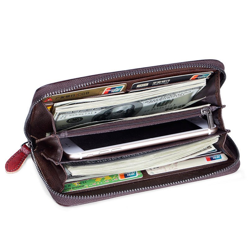 Long Handmade Leather Women's Multi - Card Pocket Clutch Wallet Brown