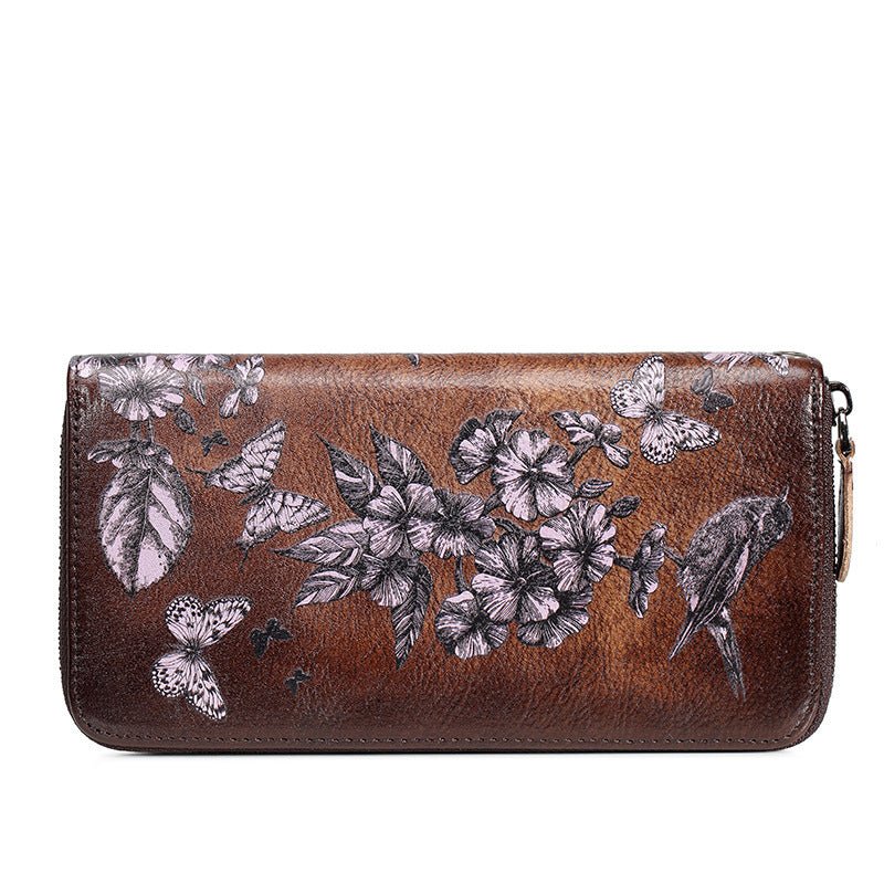 Long Handmade Leather Women's Multi - Card Pocket Clutch Wallet Coffee