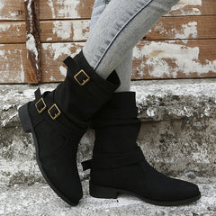 Low Heel Vintage Adjustable Buckle Boots Black