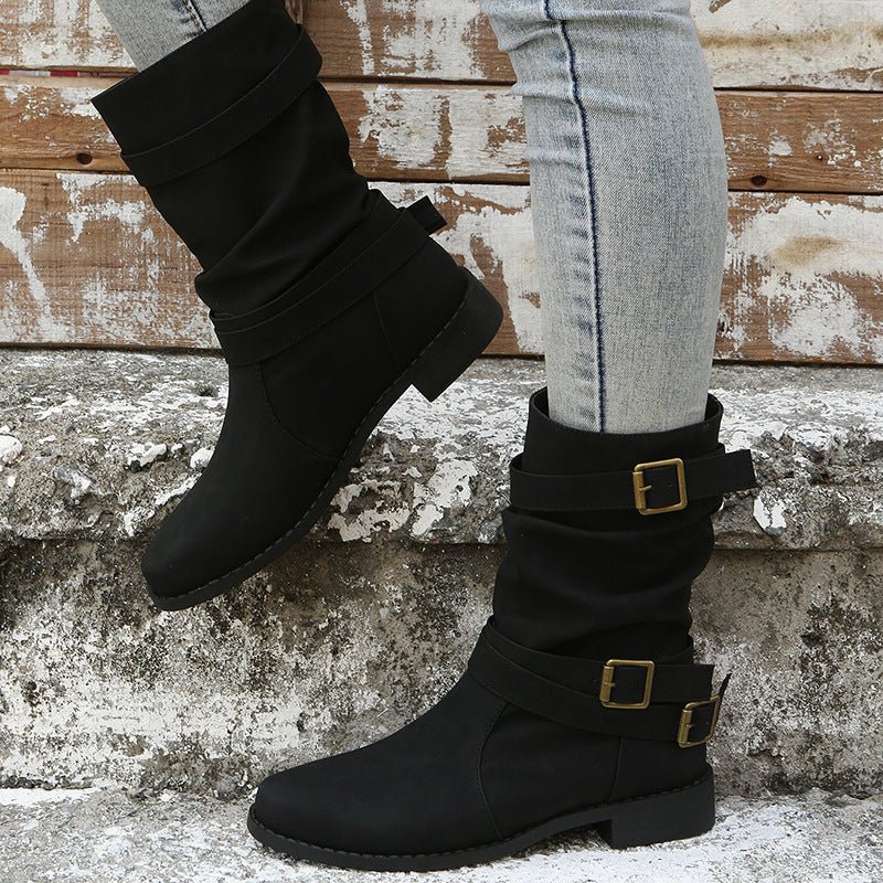 Low Heel Vintage Adjustable Buckle Boots Black