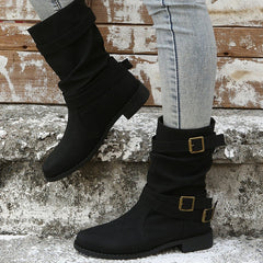 Low Heel Vintage Adjustable Buckle Boots Black