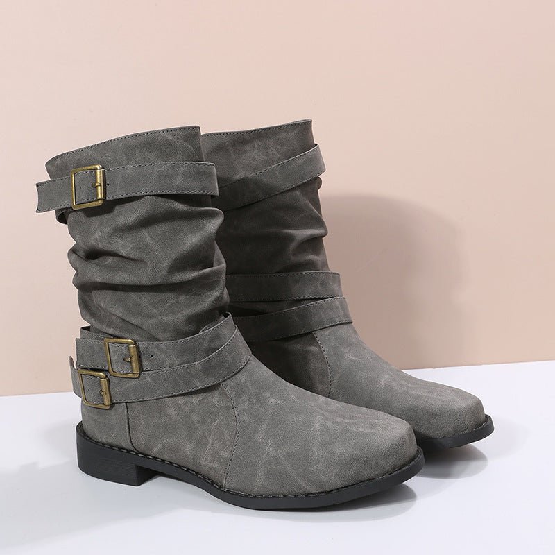 Low Heel Vintage Adjustable Buckle Boots Grey