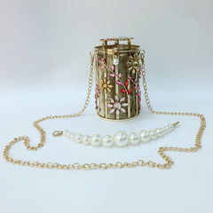 Luxury Crystal Flower Pearl Clutch Round Evening Bag Flannel Khaki