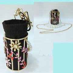 Luxury Crystal Flower Pearl Clutch Round Evening Bag Line pattern black