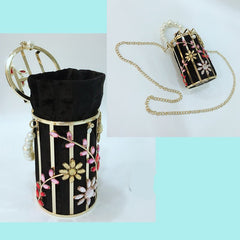 Luxury Crystal Flower Pearl Clutch Round Evening Bag Flannel black