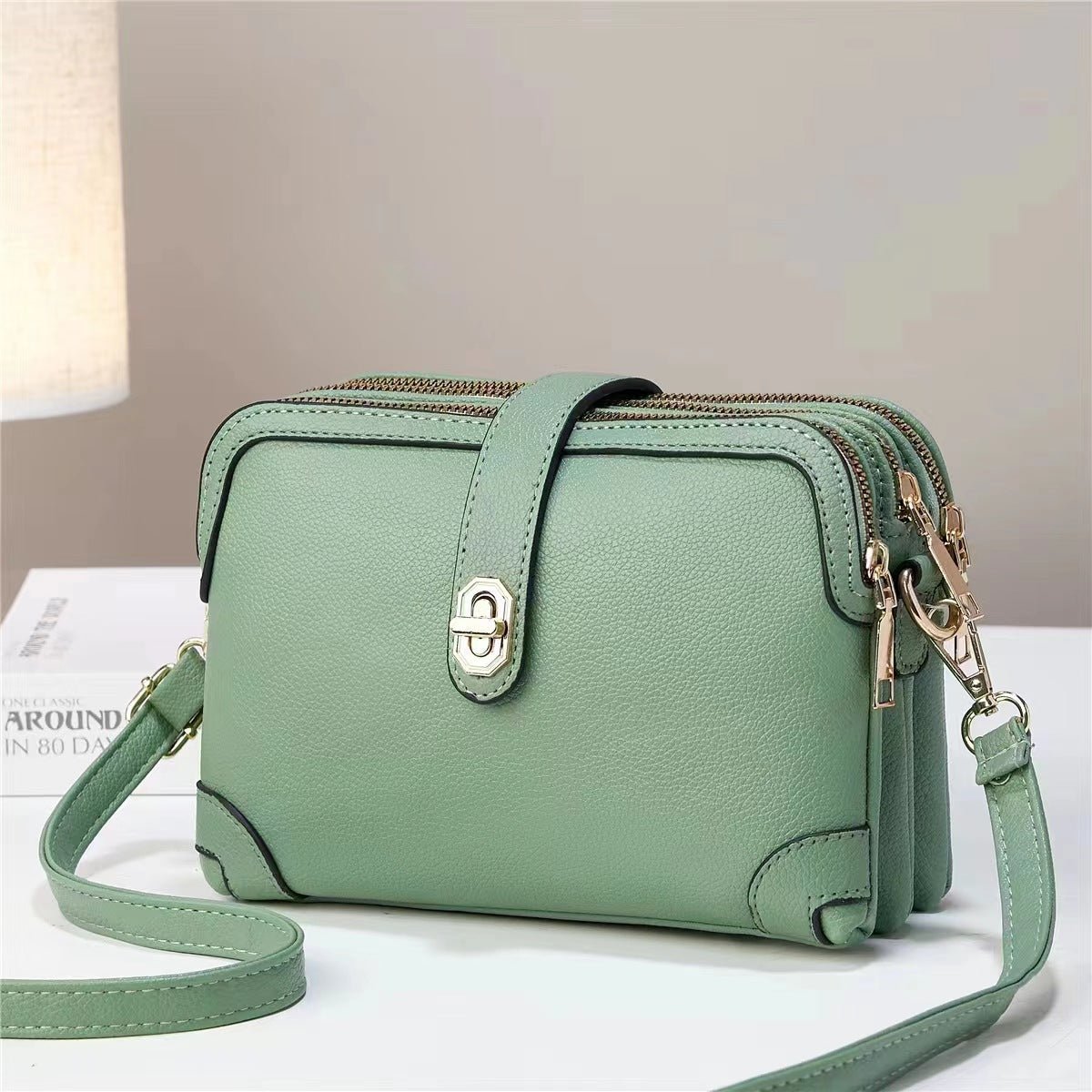 Lychee Pattern Soft Leather Multi - functional Shoulder Crossbody Bag Green