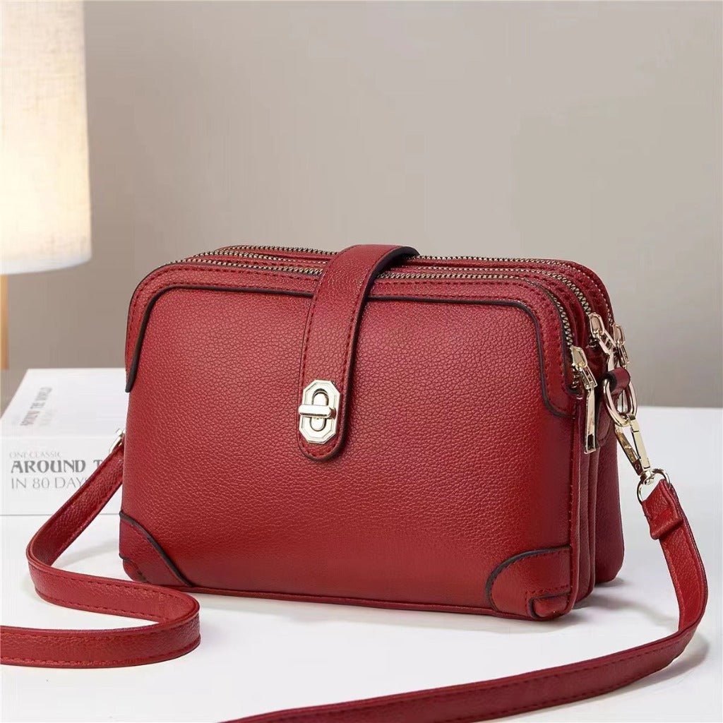 Lychee Pattern Soft Leather Multi - functional Shoulder Crossbody Bag Red