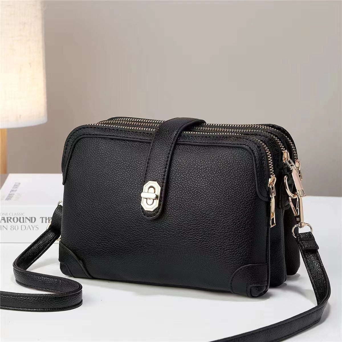 Lychee Pattern Soft Leather Multi - functional Shoulder Crossbody Bag Black