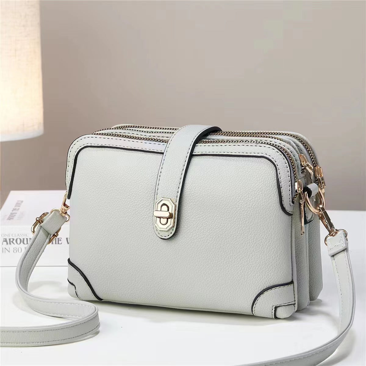 Lychee Pattern Soft Leather Multi - functional Shoulder Crossbody Bag Gray