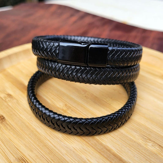 Magnetic Buckle Black Woven Leather Bracelet Black Bright Black Buckle